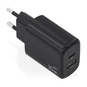 Cargador GaN 30W, 1xUSB-C PD3.0 QC4.0, 1xUSB-A QC3.0, Negro