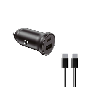 Cargador de coche , 20W, Carga rápida, Power Delivery, Multipuerto USB-C y USB-A + cable USB-C a USB-C, Negro