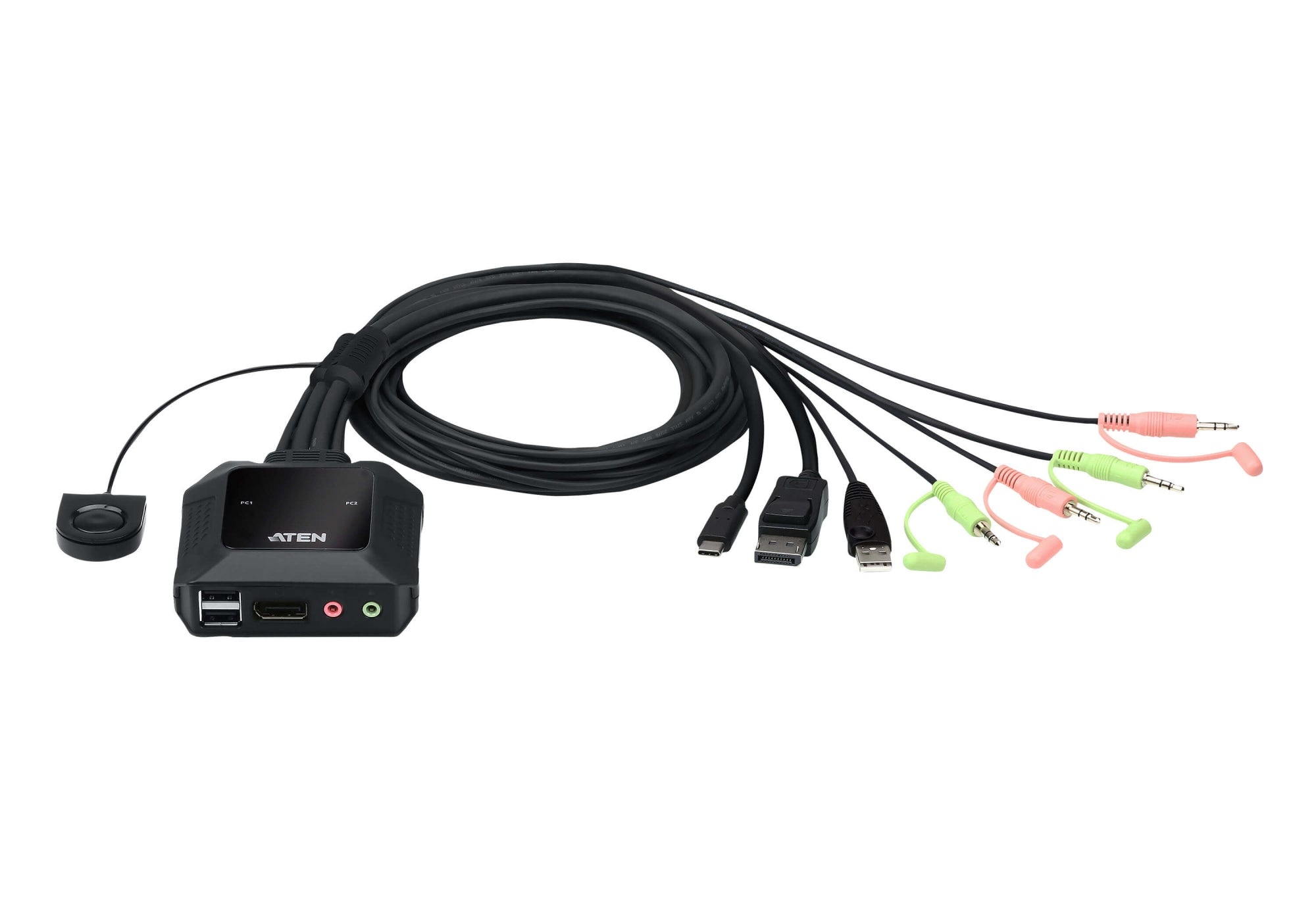 Switch KVM en formato cable híbrido DisplayPort de 2 puertos USB-C