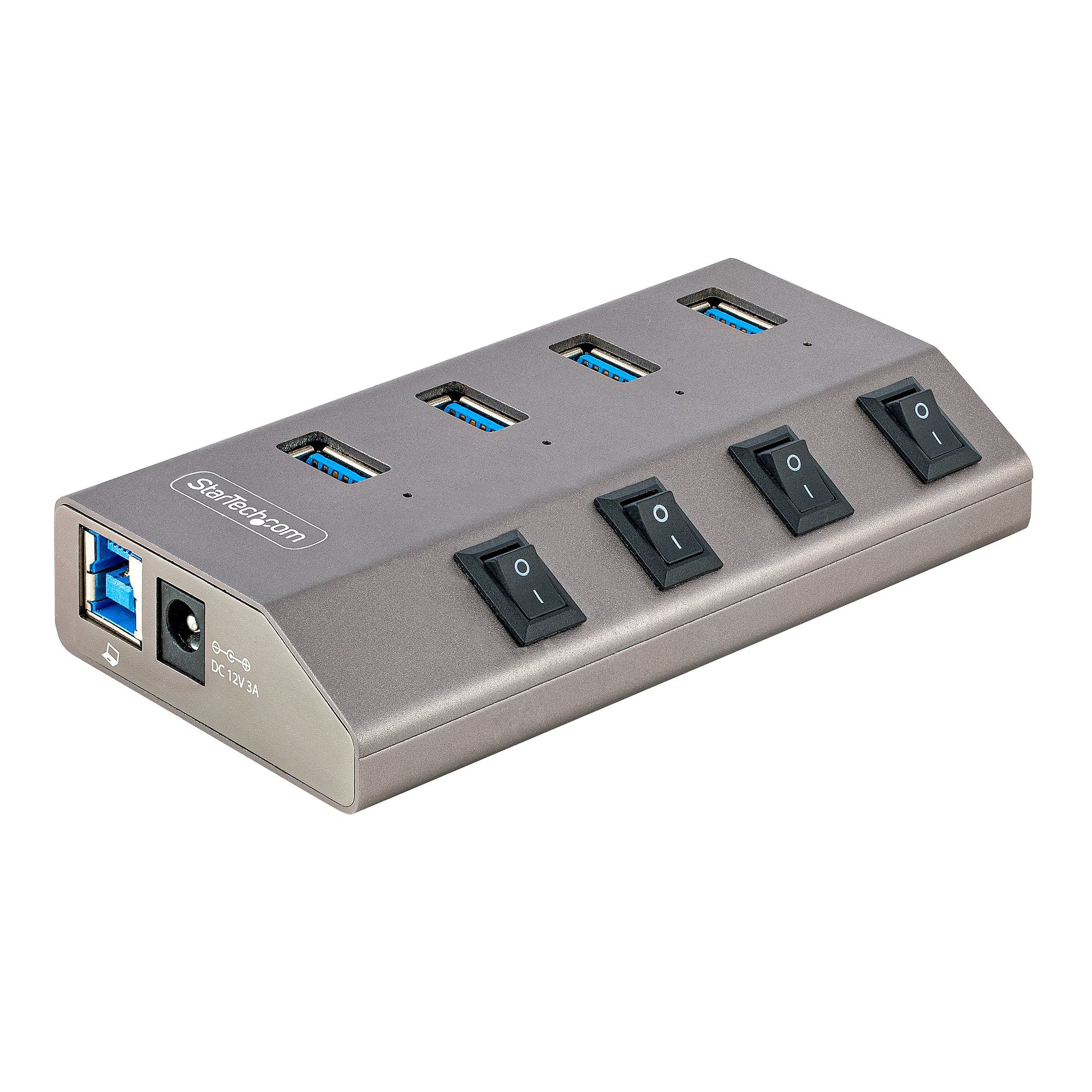 Hub USB-C Autoalimentado de 4 puertos con Interruptores Individuales - Concentrador USB 3.0 a 5 Gbps con Fuente de Alimentación - Ladrón USB Tipo C a USB-A - BC 1.2