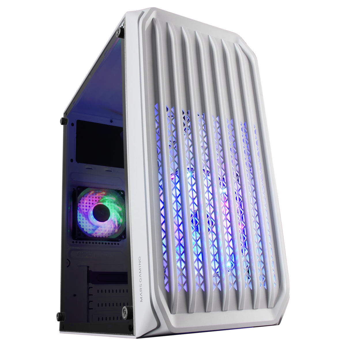 MC-S2, Caja PC Compacta Gaming Micro-ATX, 2 Ventiladores FRGB Raibow con Rejilla Frontal, Ventana Lateral Completa, Blanco