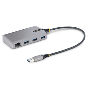 Hub USB de 3 Puertos USBA - USB 3.0 de 5Gbps - Alimentado por el Bus - Concentrador USB de 3 Puertos USB-A - Ladrón USB Portátil - Cable 30cm - Red Ethernet RJ45 1Gb
