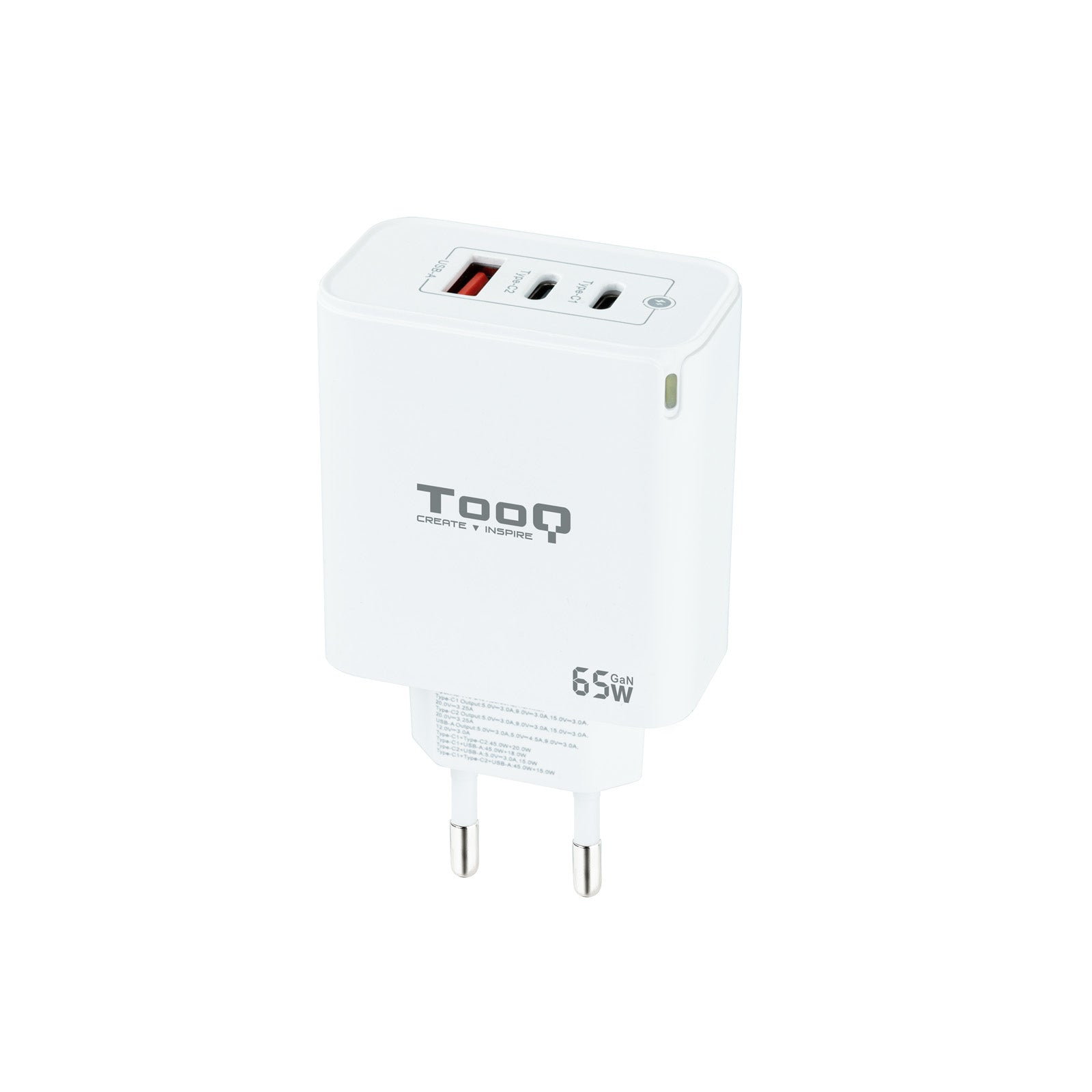 Cargador de Pared GaN 2USB-C/PD + USB-A/QC 65W, Blanco