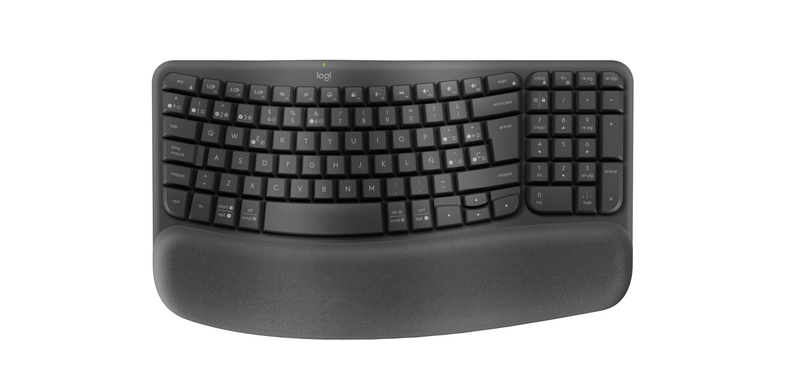 Wave Keys, teclado ergonómico inalámbrico con reposamanos acolchado, escritura cómoda y natural, Easy-Switch, Bluetooth, Logi Bolt, multisistema operativo, Windows/Mac,QWERTY Español, Grafito