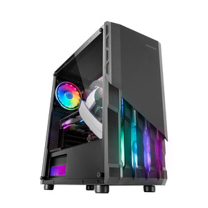 MC-X2, Caja PC Gaming ATX, Frontal Acero FRGB, 2 Ventiladores 12cm FRGB, Ventana Lateral Completa, Negro
