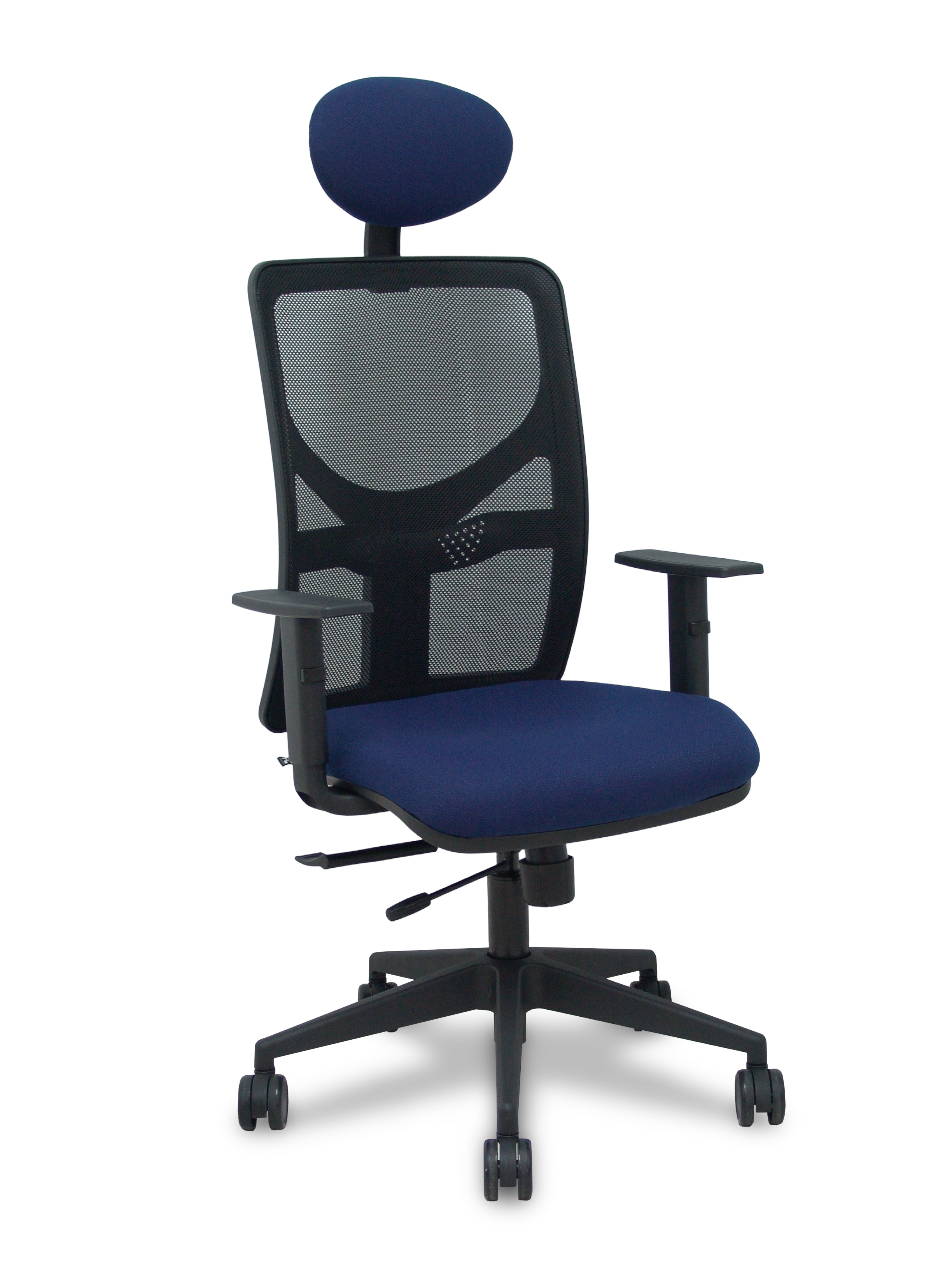 Silla Motilla traslack malla negra asiento bali azul marino brazos 1D base piramidal cabecero fijo