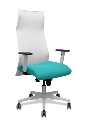 Sillón Sahuco blanco bali turquesa brazos blancos base blanca ruedas parqué 65mm