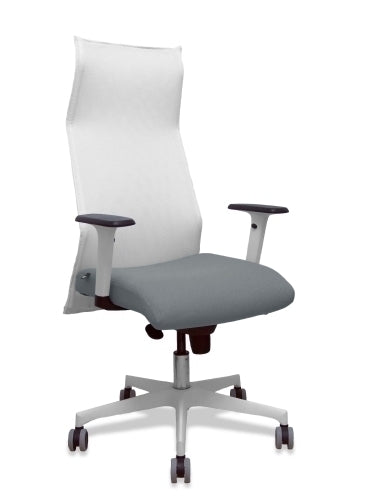 Sillón Sahuco blanco bali gris brazos blancos base blanca ruedas parqué 65mm