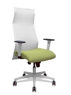 Sillón Sahuco blanco bali verde oliva brazos blancos base blanca ruedas parqué 65mm
