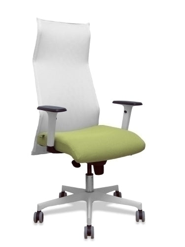 Sillón Sahuco blanco bali verde oliva brazos blancos base blanca ruedas parqué 65mm