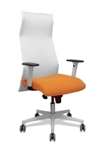 Sillón Sahuco blanco bali naranja brazos blancos base blanca ruedas parqué 65mm