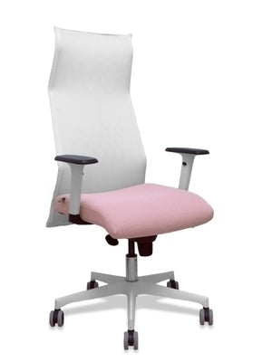 Sillón Sahuco blanco bali rosa brazos blancos base blanca ruedas parqué 65mm