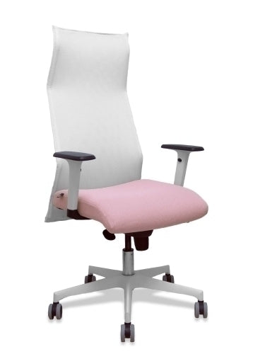 Sillón Sahuco blanco bali rosa brazos blancos base blanca ruedas parqué 65mm