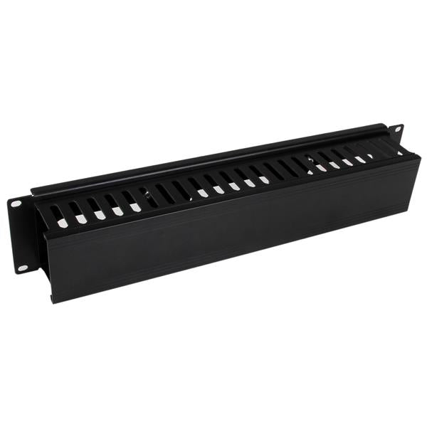 Panel Canaleta Horizontal de 2U con Cubierta para Gestión de Cableado en Racks y Perforaciones Laterales
