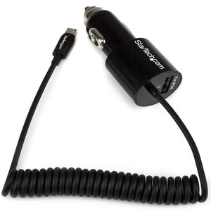 Cargador USB de 2 Puertos para Coche con Cable Micro USB y puerto USB - Negro