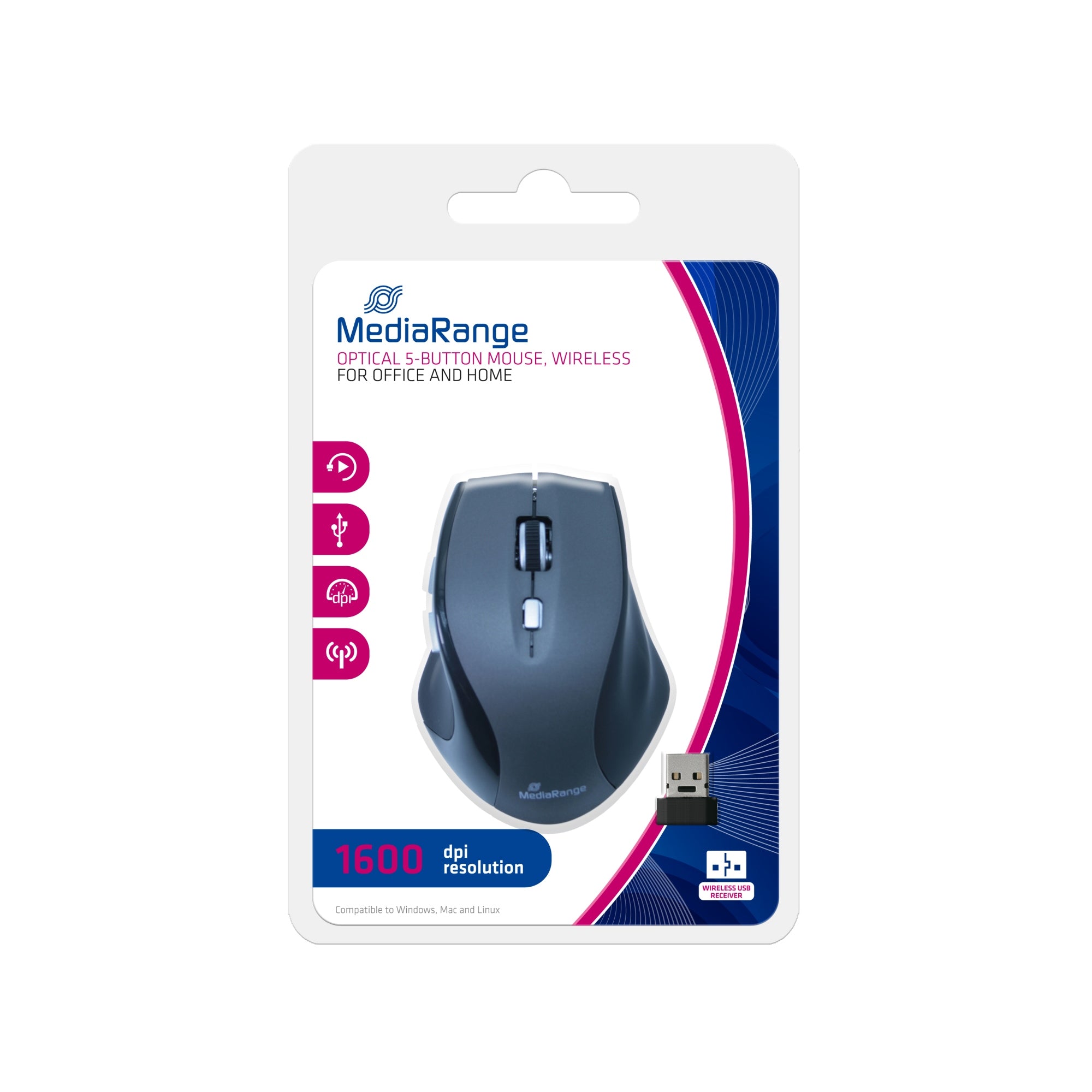 MROS203 ratón Oficina mano derecha RF inalámbrico Óptico 1600 DPI
