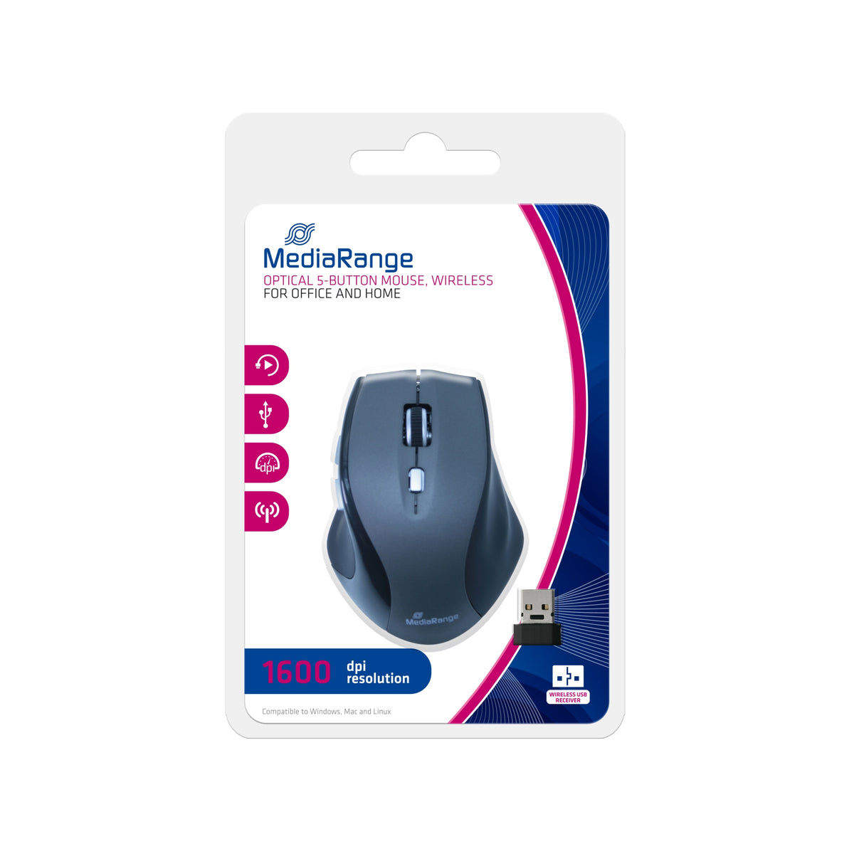 MROS203 ratón Oficina mano derecha RF inalámbrico Óptico 1600 DPI