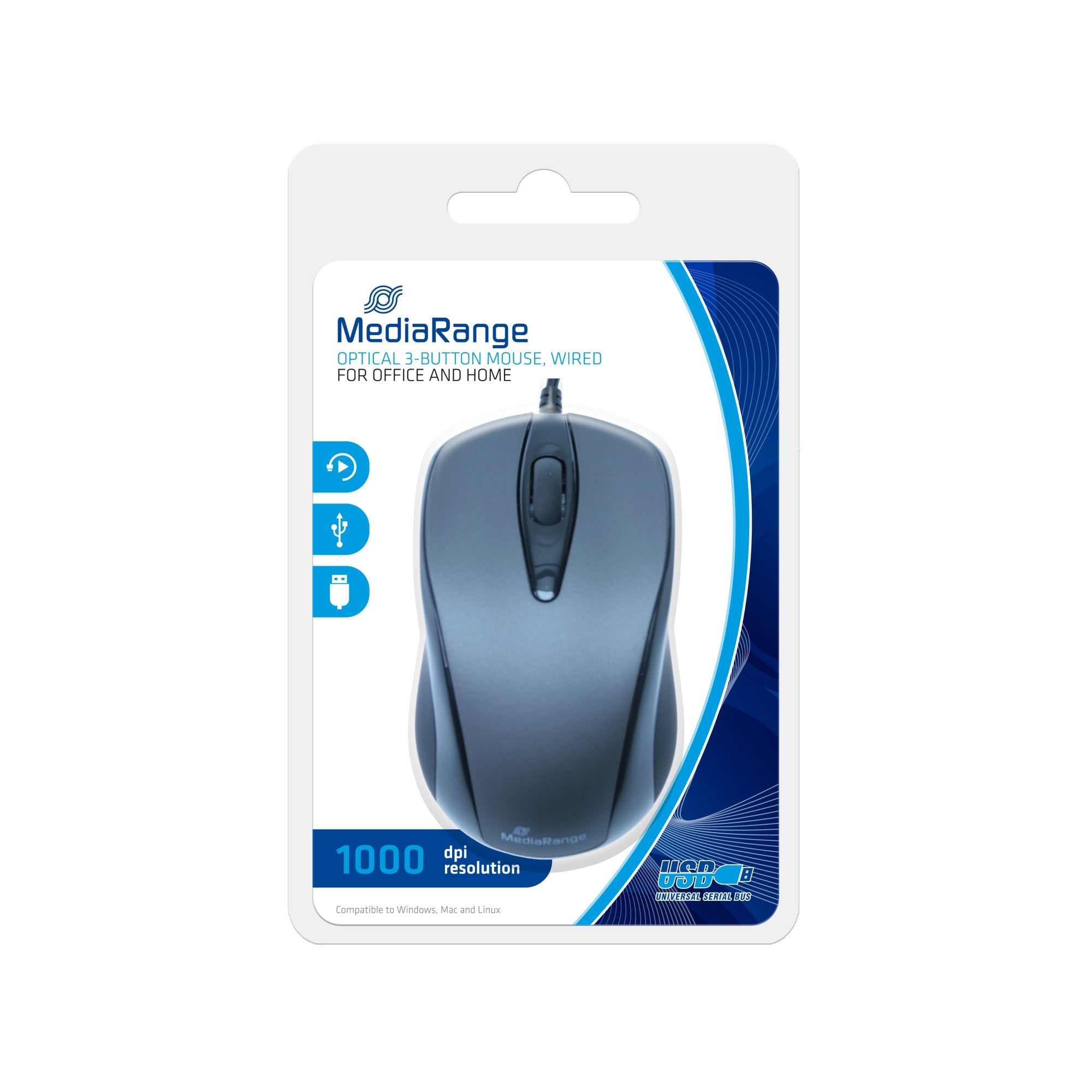 MROS201 ratón Oficina Ambidextro USB tipo A Óptico 1000 DPI