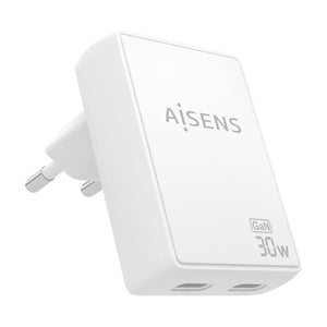 Cargador De Pared GaN Ultra Delgado 30W, 2xUSB-C PD3.0 QC4.0, Blanco