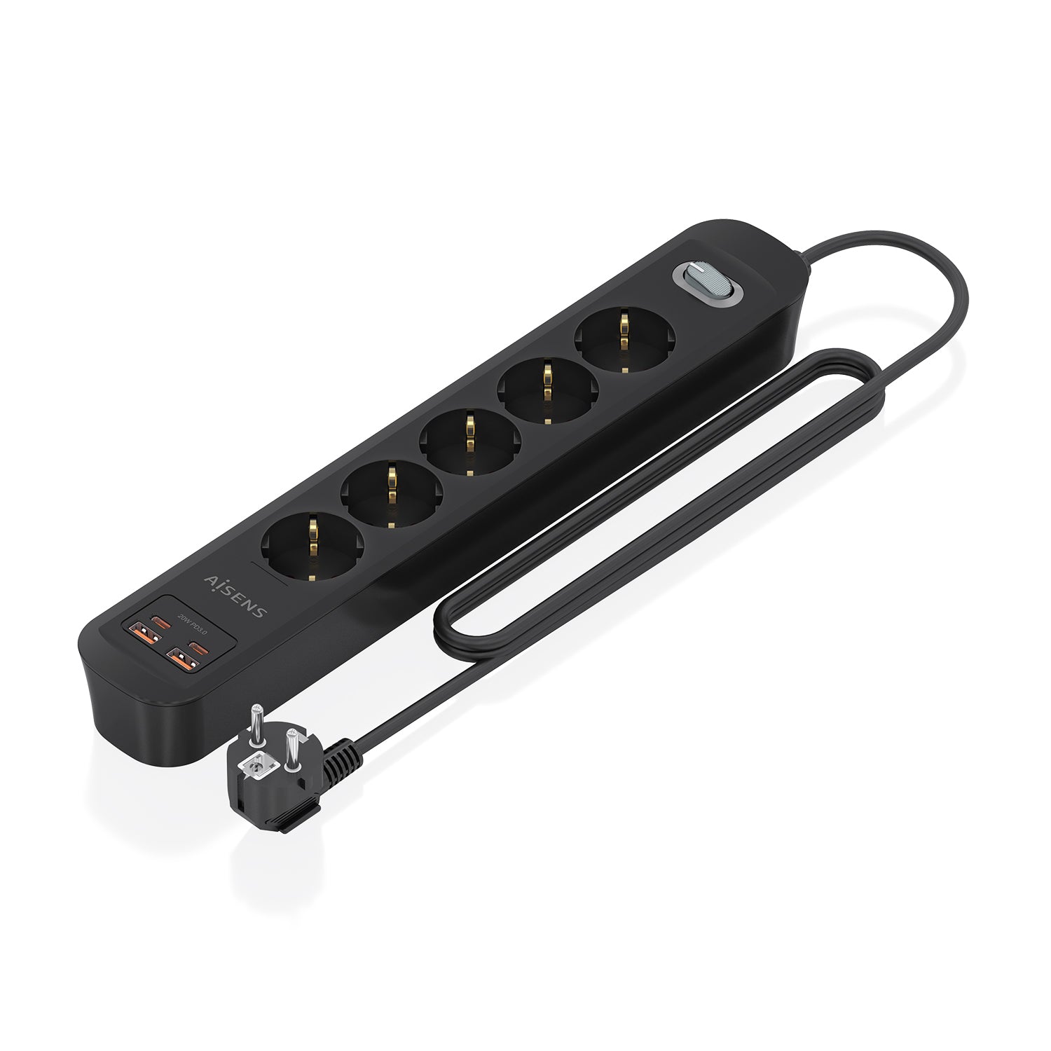 Regleta de Enchufes Multifuncion con 5 Tomas + Cargador PD3.0 20W 2xUSB-C, 2xUSB-A, 1.4m, Negro