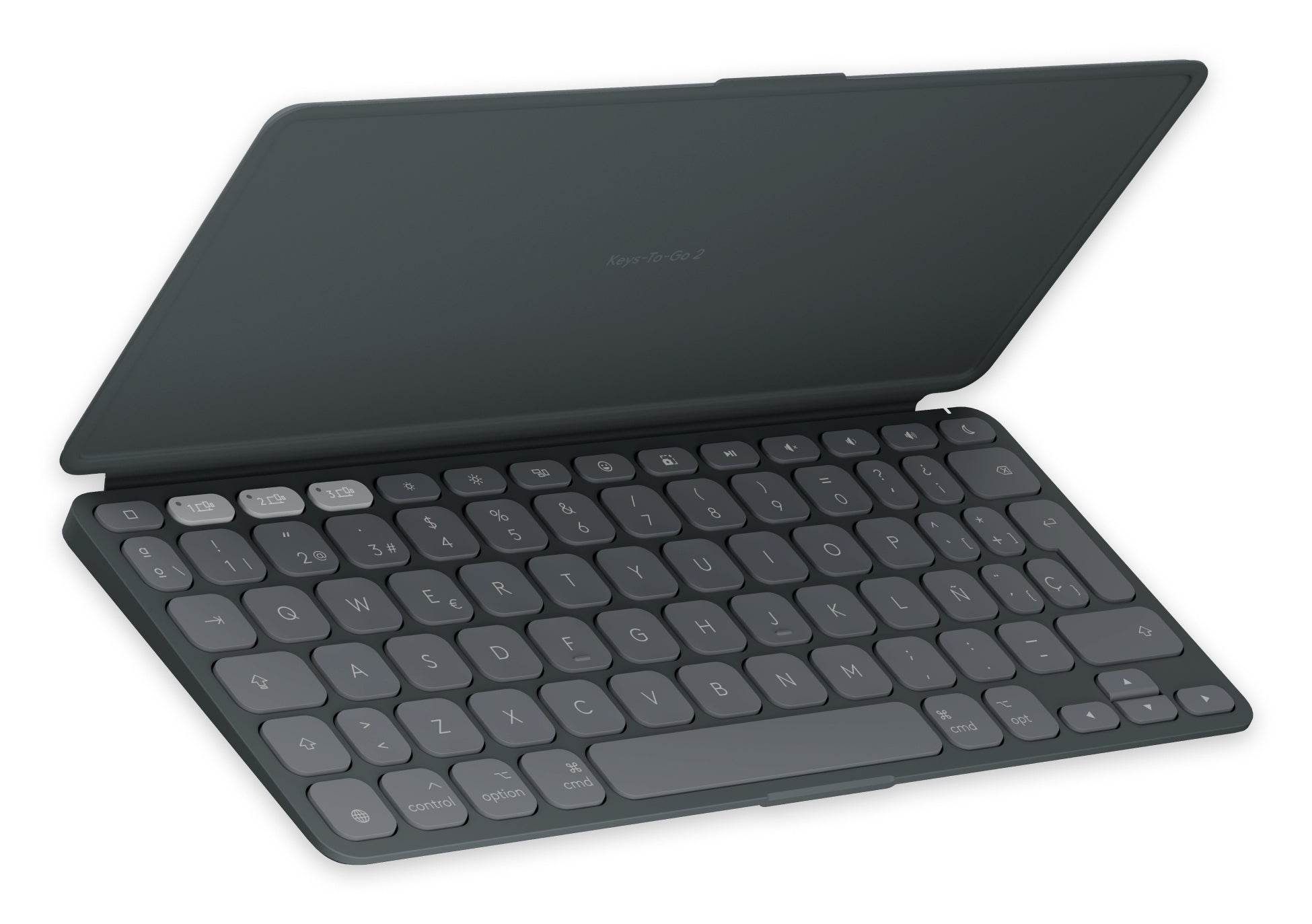 Keys-To-Go 2, teclado inalámbrico portátil para iPad con tapa integrada, estilizado y compacto, para iPad, iPhone, Mac y Apple TV, para alternar fácilmente entre dispositivos, Grafite