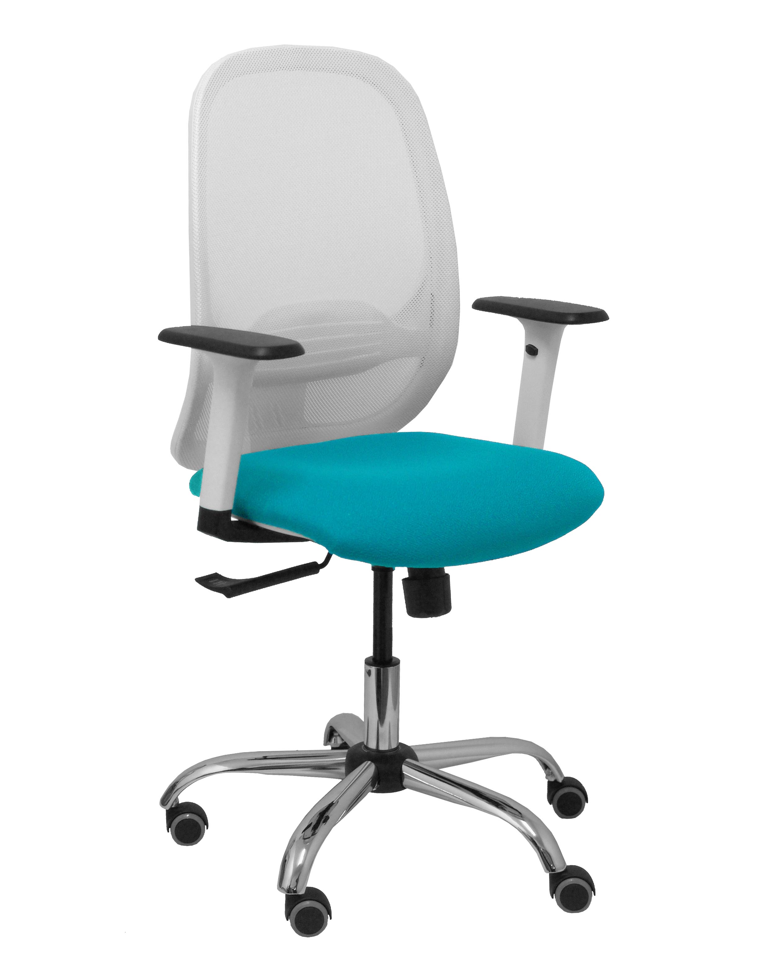 Silla Cilanco blanca malla blanca asiento bali turquesa brazo regulable base cromada ruedas de parqué