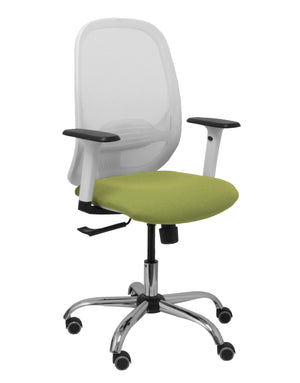 Silla Cilanco blanca malla blanca asiento bali verde brazo regulable base cromada ruedas de parqué