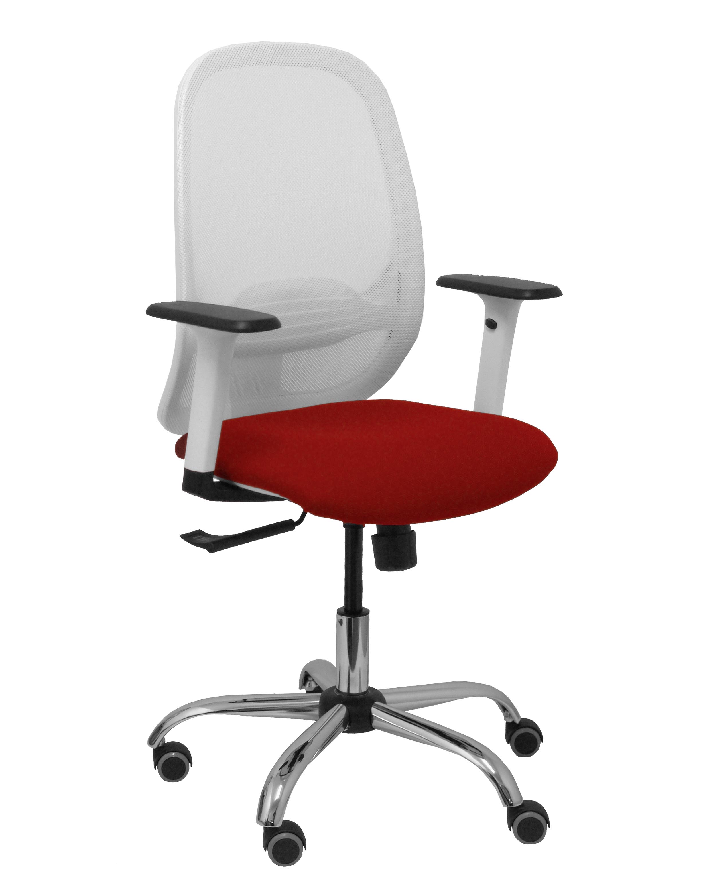 Silla Cilanco blanca malla blanca asiento bali granate brazo regulable base cromada ruedas de parqué