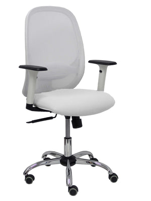 Silla Cilanco blanca malla blanca asiento similpiel blanco brazo regulable base cromada ruedas de