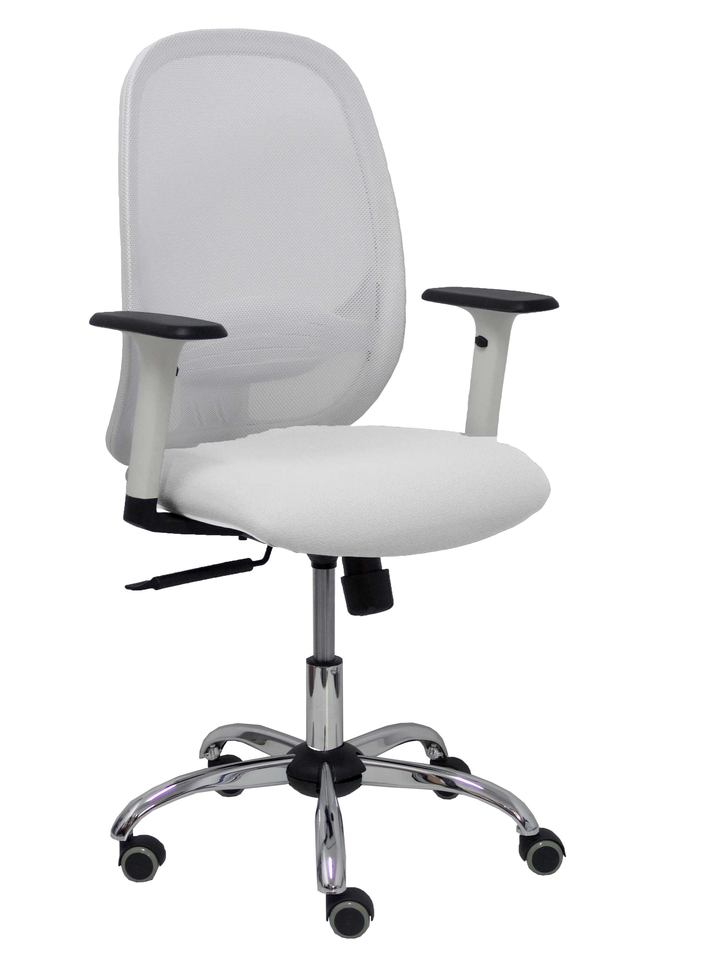 Silla Cilanco blanca malla blanca asiento similpiel blanco brazo regulable base cromada ruedas de