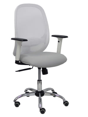 Silla Cilanco blanca malla blanca asiento similpiel gris brazo regulable base cromada ruedas de