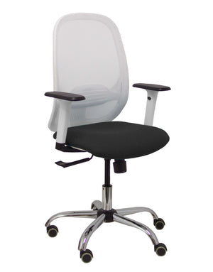 Silla Cilanco blanca malla blanca asiento similpiel negro brazo regulable base cromada ruedas de