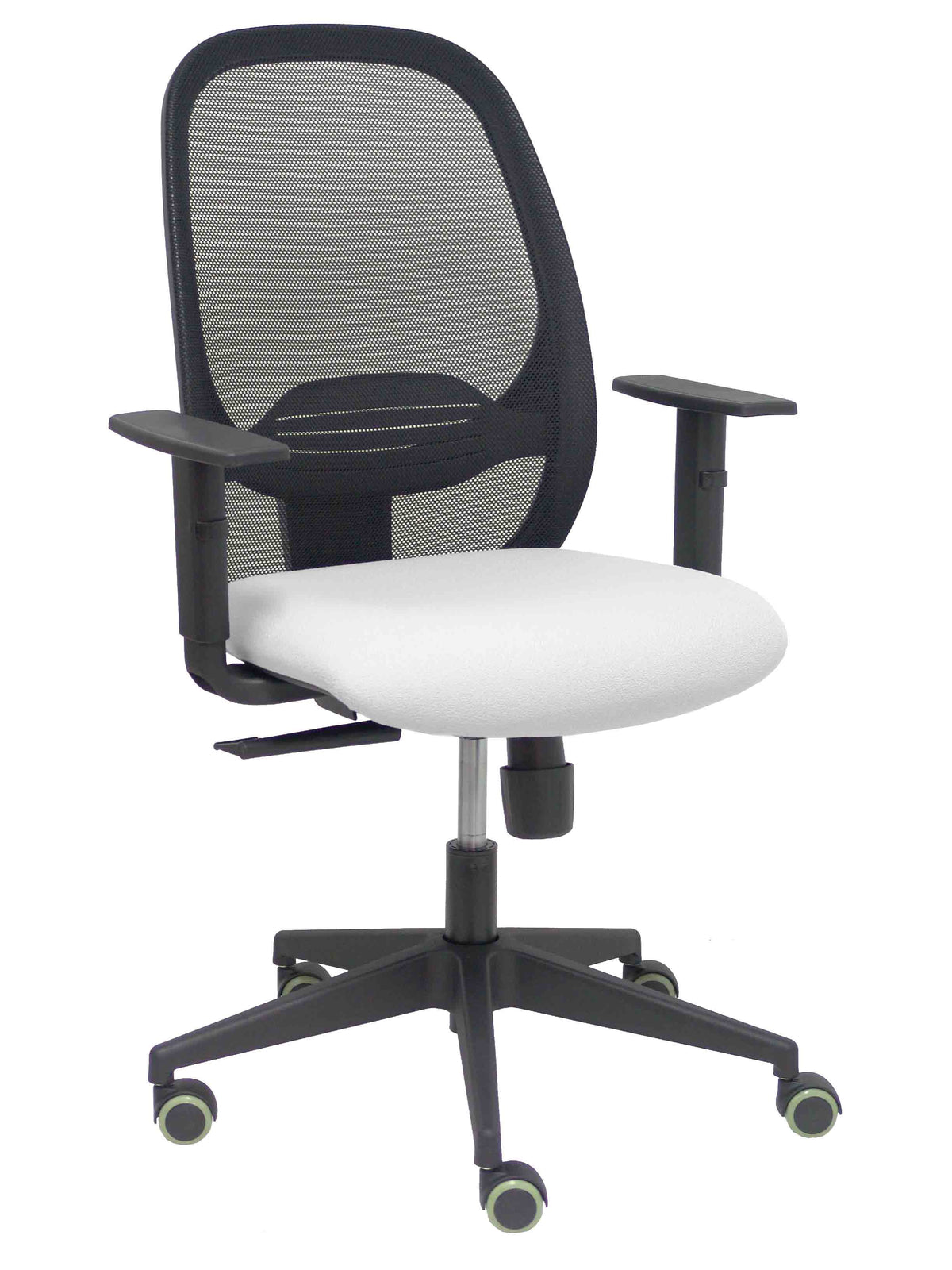 Silla Cilanco negra malla negra asiento bali blanco brazo regulable.