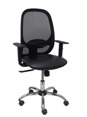 Silla Cilanco negra malla negra asiento similpiel negro brazo regulable base cromada