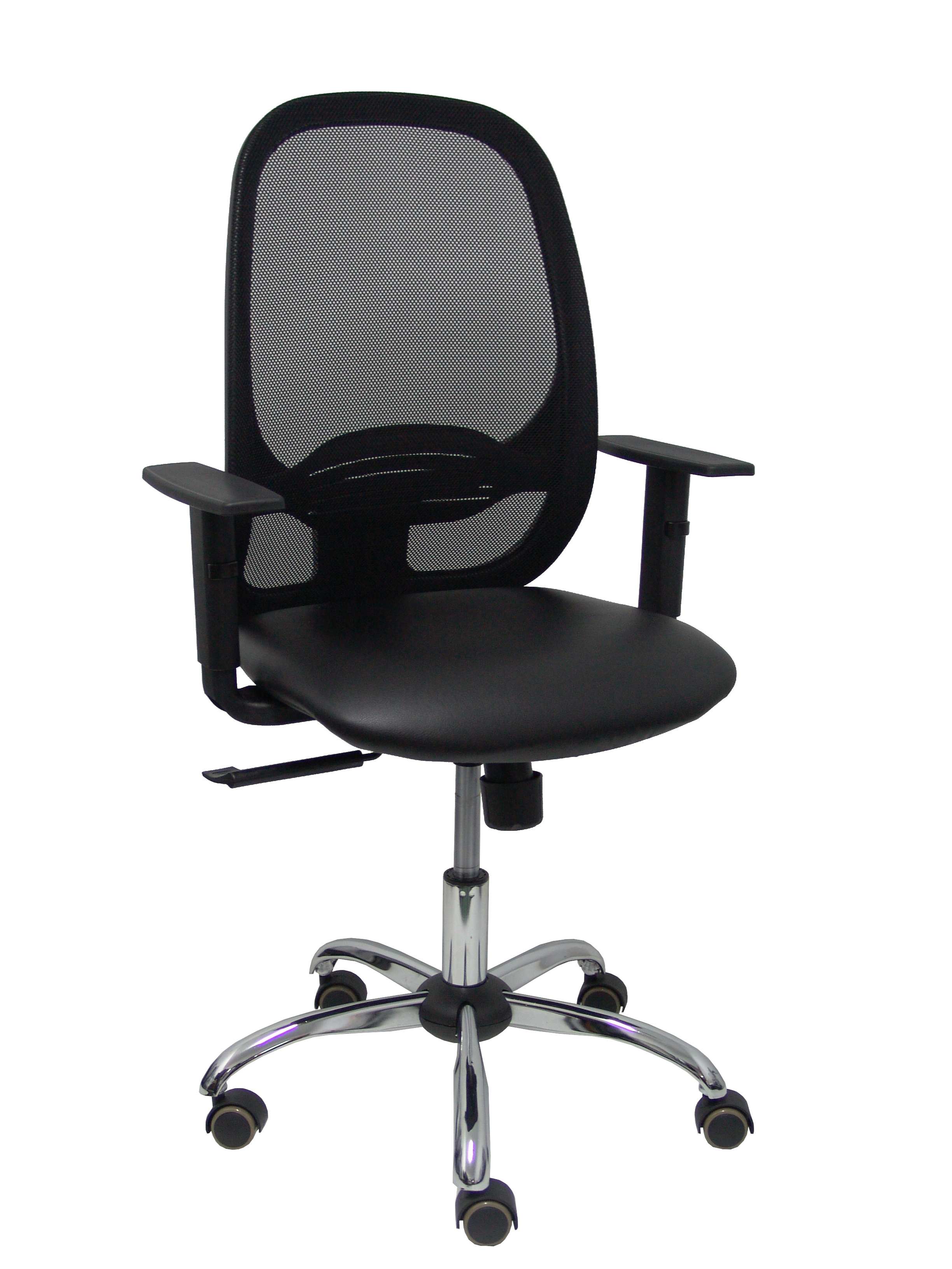 Silla Cilanco negra malla negra asiento similpiel negro brazo regulable base cromada
