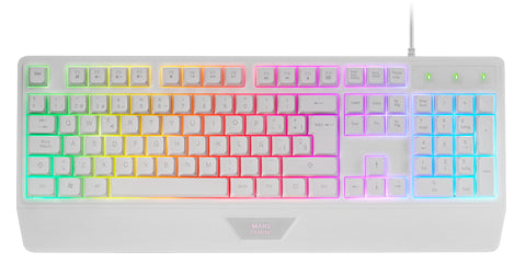 MK124, Teclado Ergonómico H-Mech, Reposamuñecas Integrado, Iluminación FRGB Rainbow, Teclado Gaming Antighosting Avanzado, Teclado PC Completo Multiplataforma, Idioma Español, Blanco
