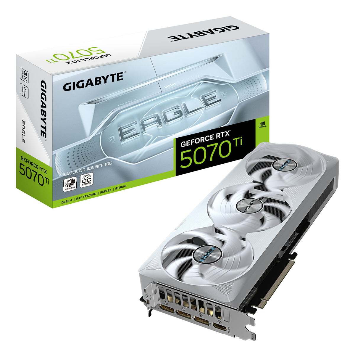 GeForce RTX 5070 Ti EAGLE OC ICE SFF 16G Tarjeta Gráfica - 16GB GDDR7, 256 bits, PCI-E 5.0, 2542 MHz Core Clock, 3 x DP 2.1a, 1 x HDMI 2.1b, NVIDIA DLSS 4, GV-N507TEAGLEOC ICE-16GD