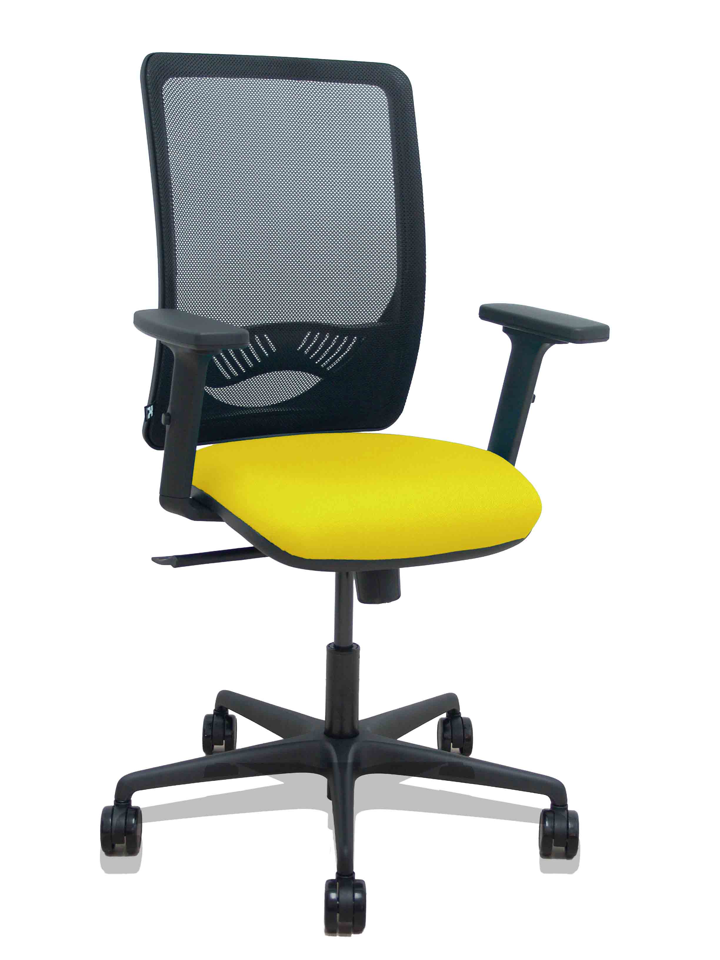 Silla Zulema sincro malla negra asiento bali amarillo brazos 2D ruedas 65mm