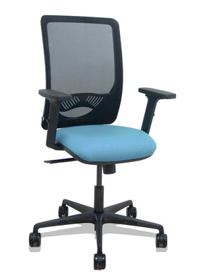 Silla Zulema sincro malla negra asiento bali azul cielo brazos 2D ruedas 65mm