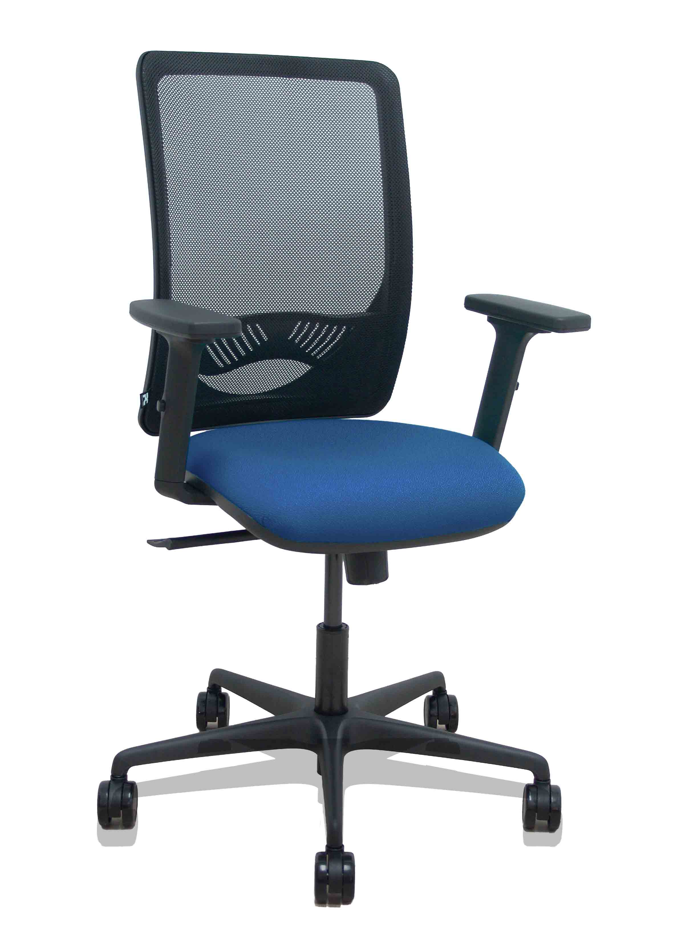 Silla Zulema sincro malla negra asiento bali azul marino brazos 2D ruedas 65mm