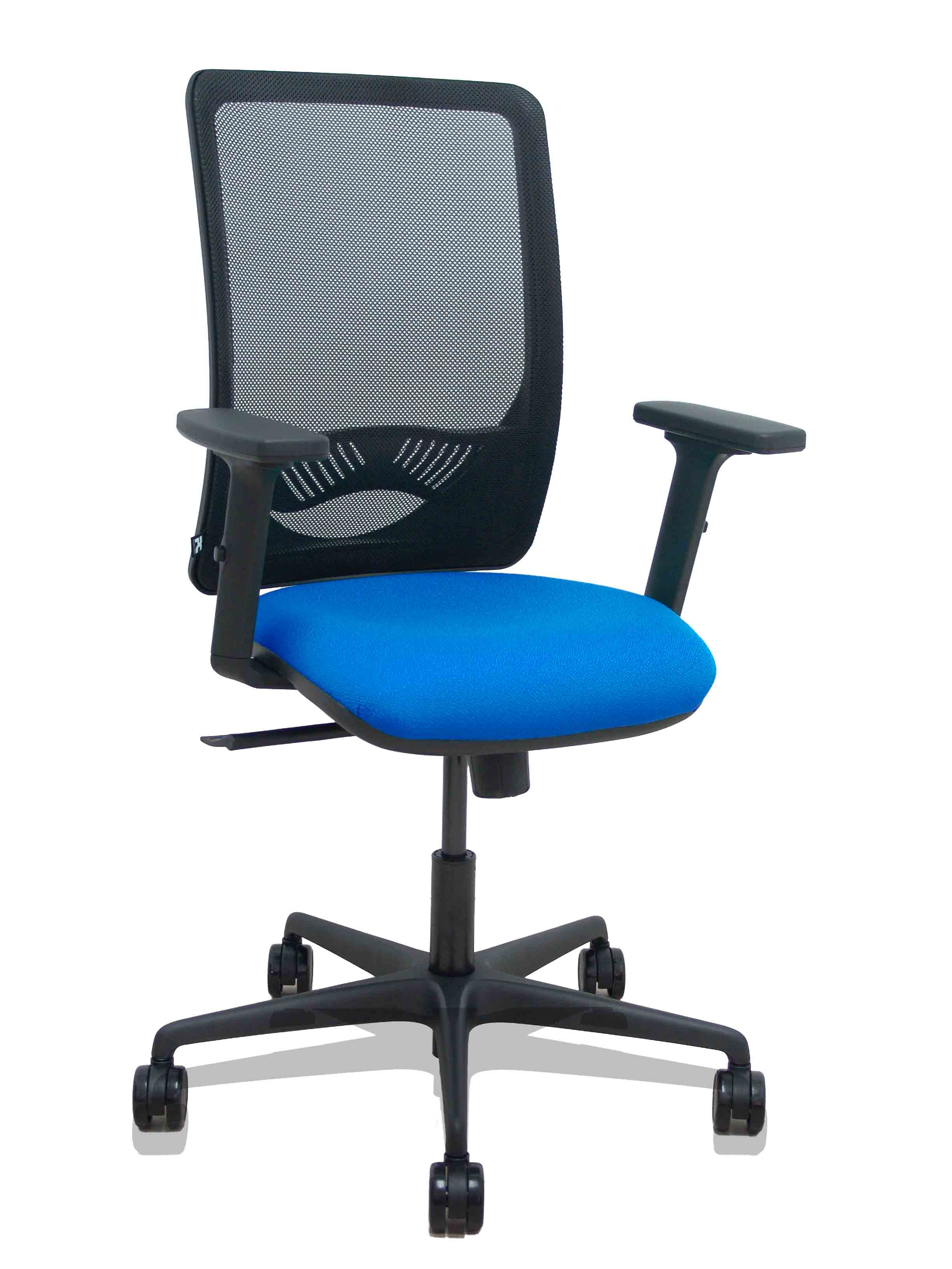 Silla Zulema sincro malla negra asiento bali azul brazos 2D ruedas 65mm