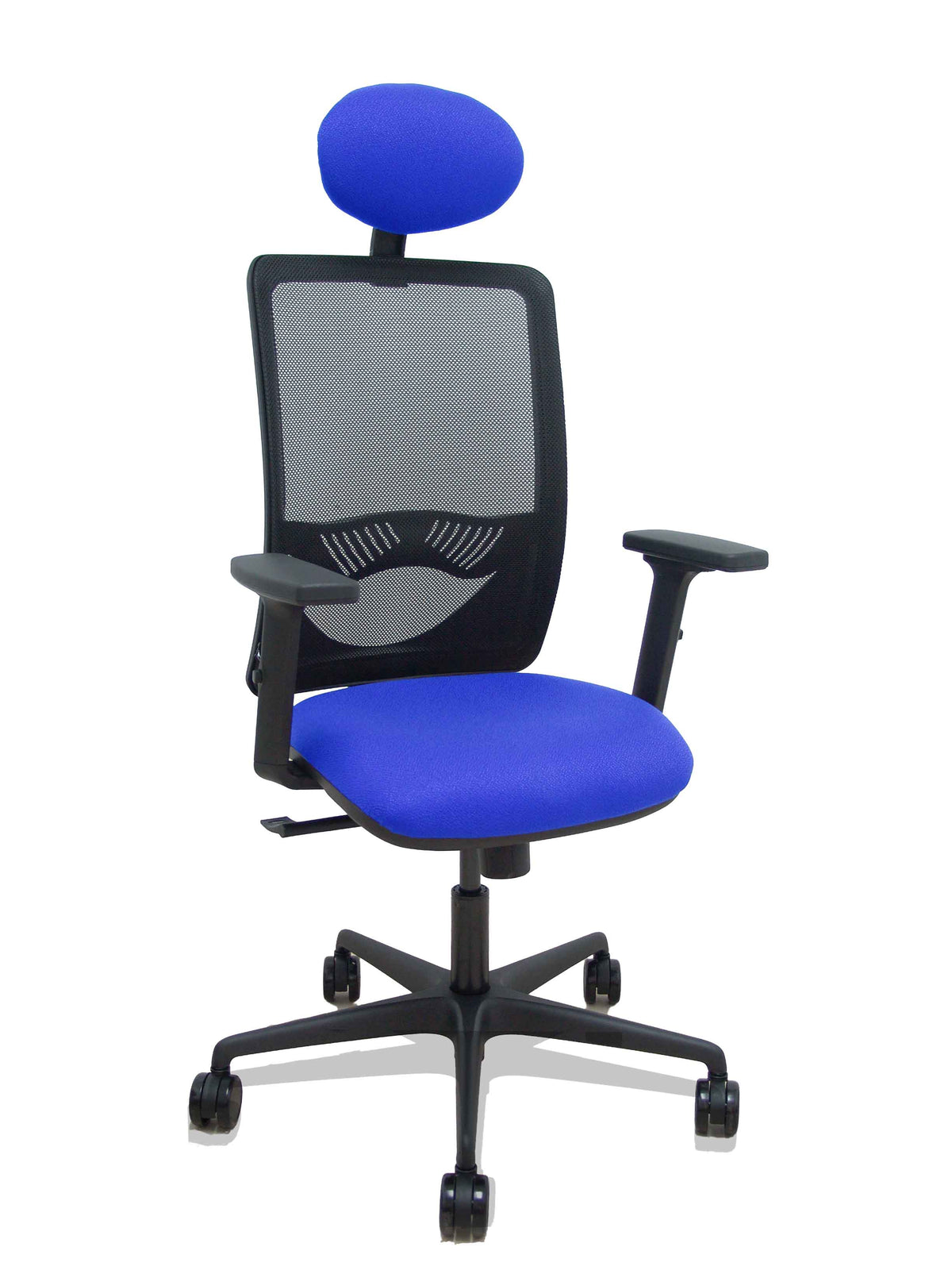 Silla Zulema sincro malla negra asiento bali azul brazos 2D ruedas 65mm cabecero