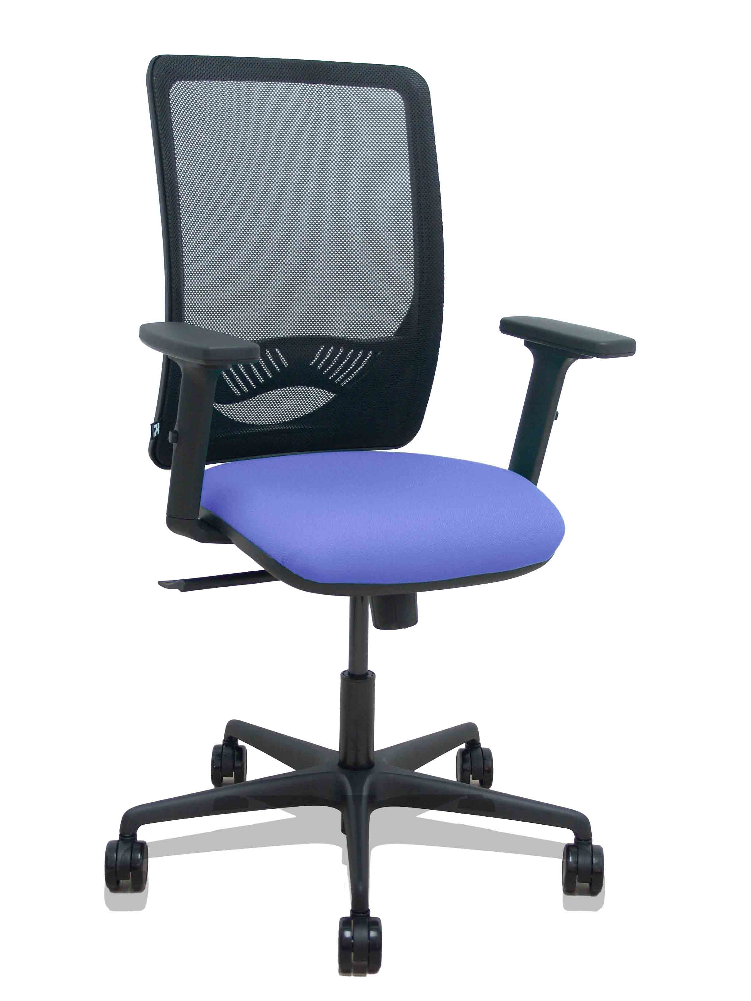 Silla Zulema sincro malla negra asiento bali azul claro brazos 2D ruedas 65mm