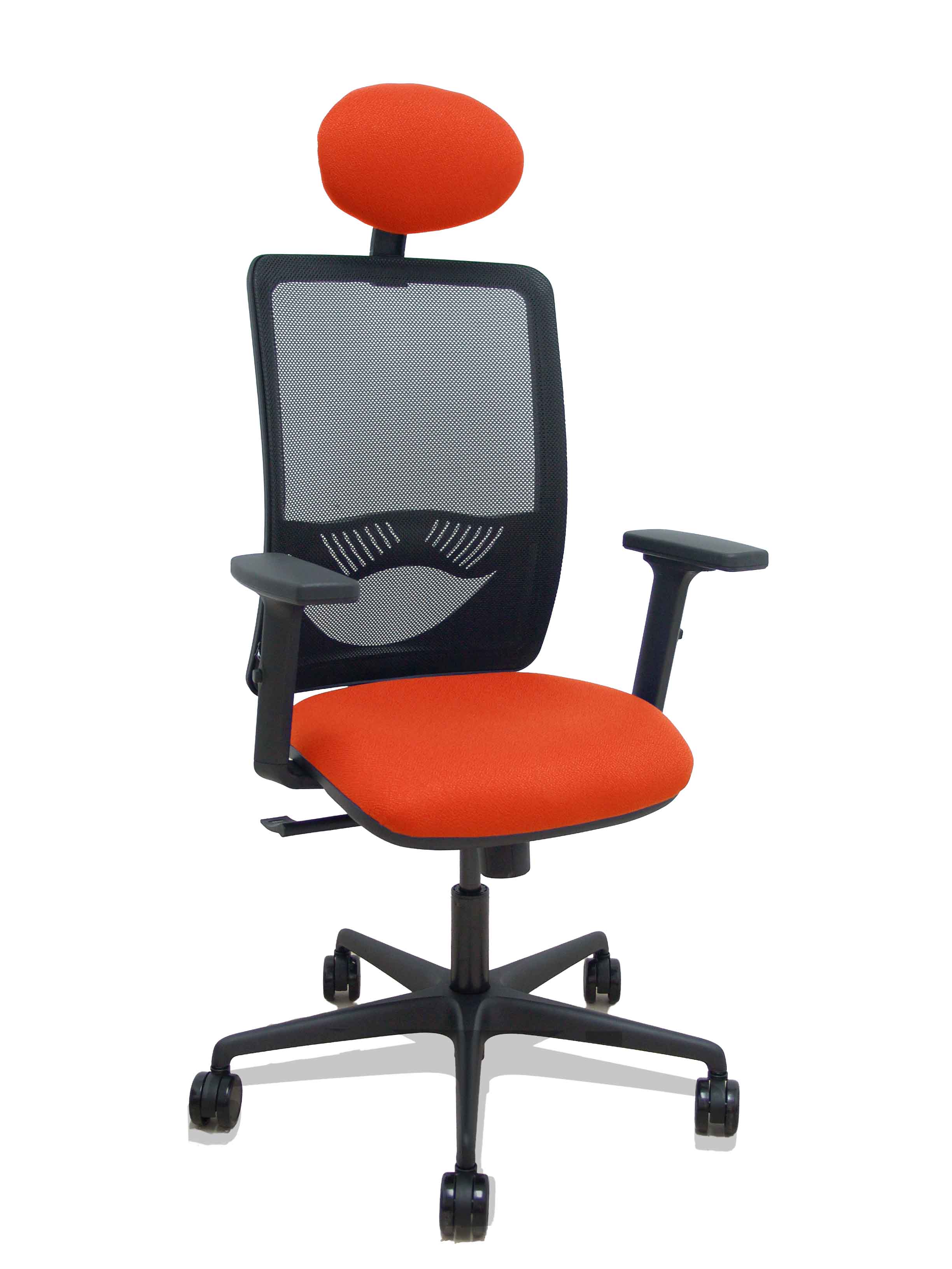 Silla Zulema sincro malla negra asiento bali naranja oscuro brazos 2D ruedas 65mm cabecero