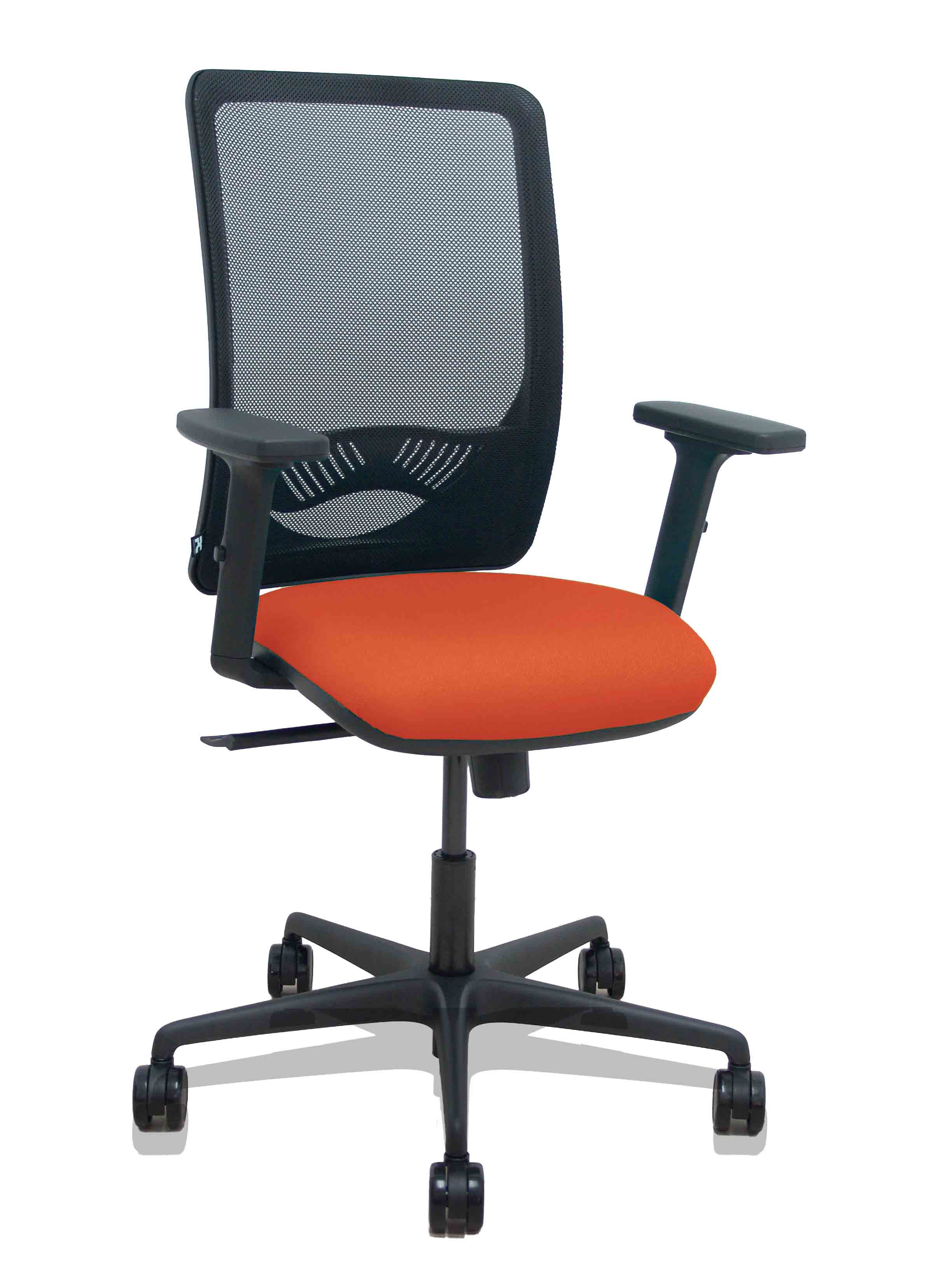 Silla Zulema sincro malla negra asiento bali naranja oscuro brazos 2D ruedas 65mm