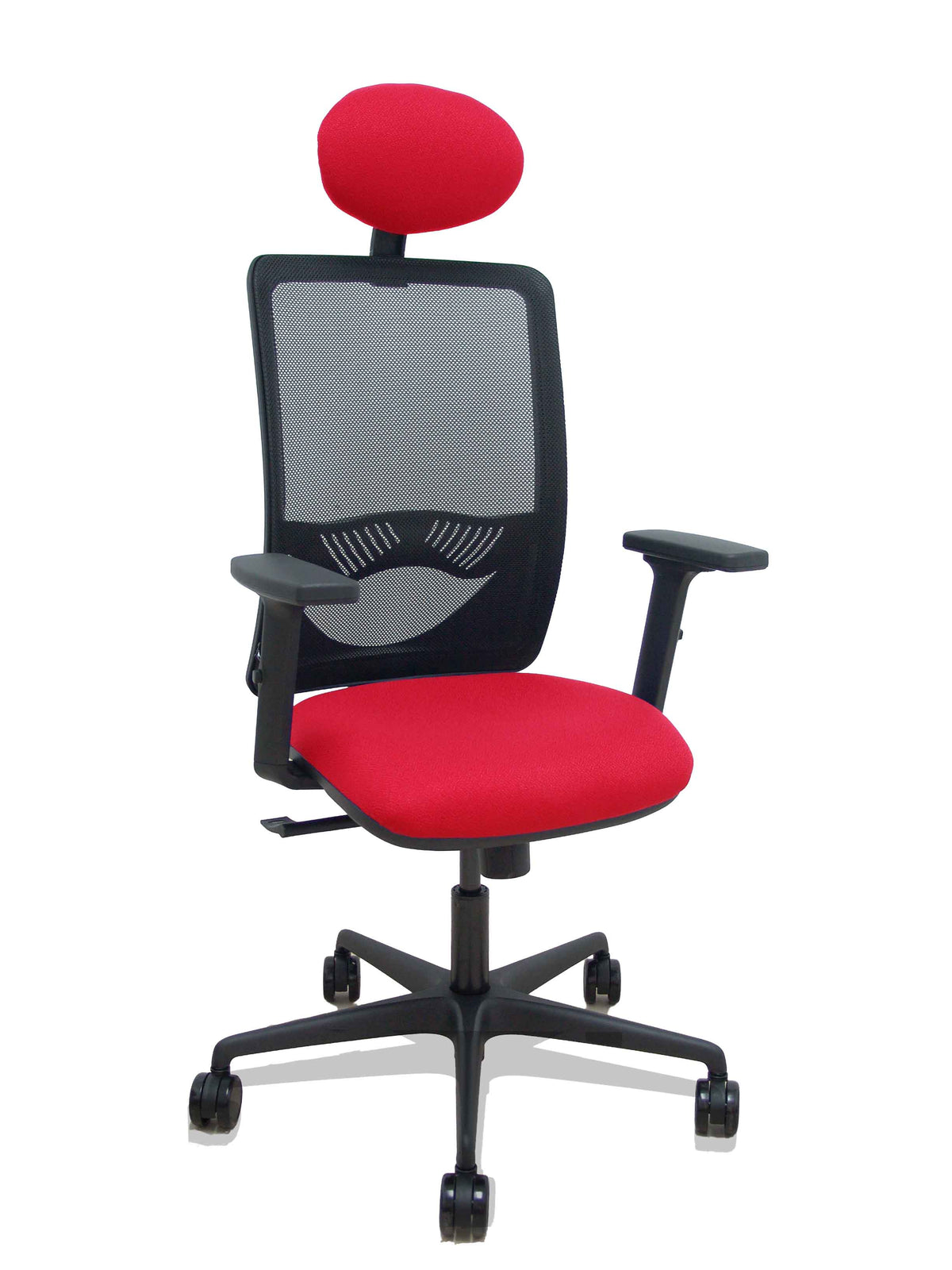 Silla Zulema sincro malla negra asiento bali rojo brazos 2D ruedas 65mm cabecero