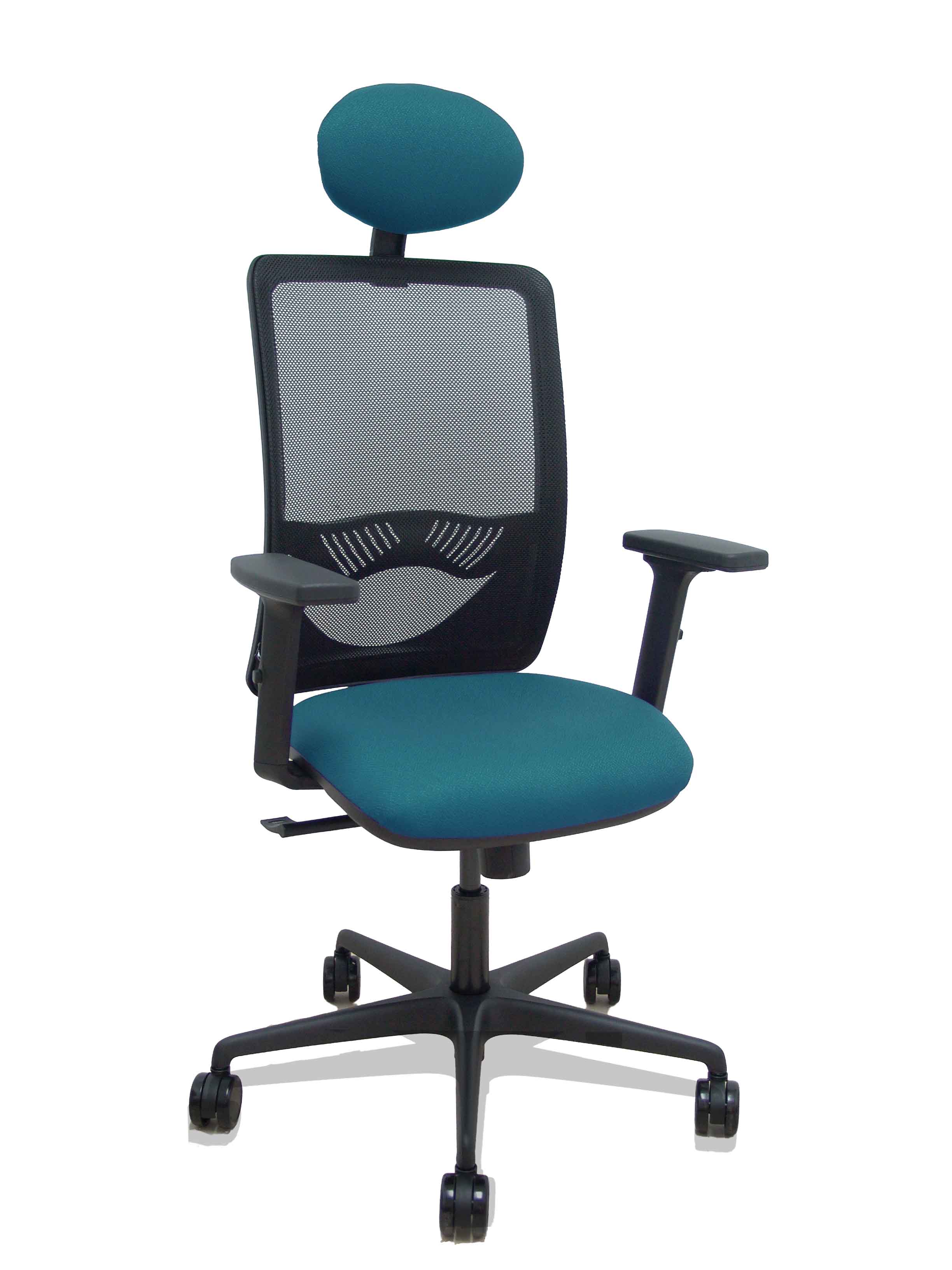 Silla Zulema sincro malla negra asiento bali verde petróleo brazos 2D ruedas 65mm cabecero