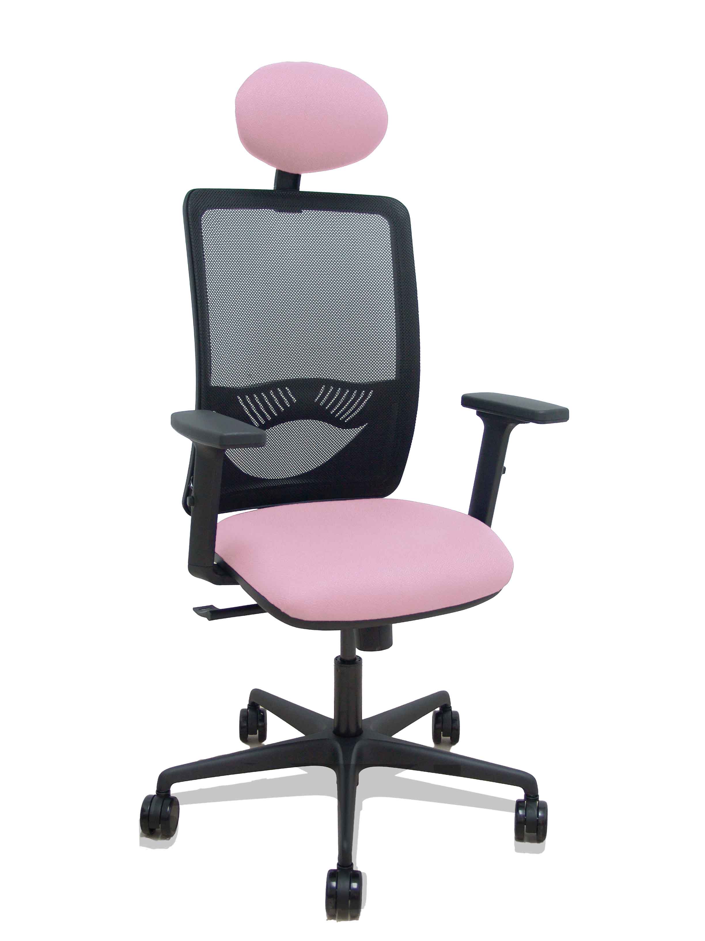 Silla Zulema sincro malla negra asiento bali rosa brazos 2D ruedas 65mm cabecero