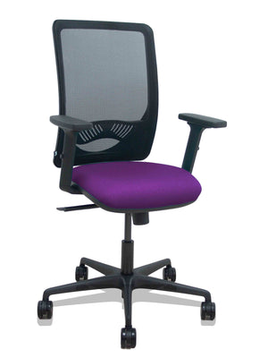 Silla Zulema sincro malla negra asiento bali morado brazos 2D ruedas 65mm