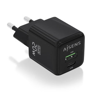 Cargador GaN 20W, 1xUSB-C PD3.0 QC4.0, 1xUSB-A QC3.0, Negro